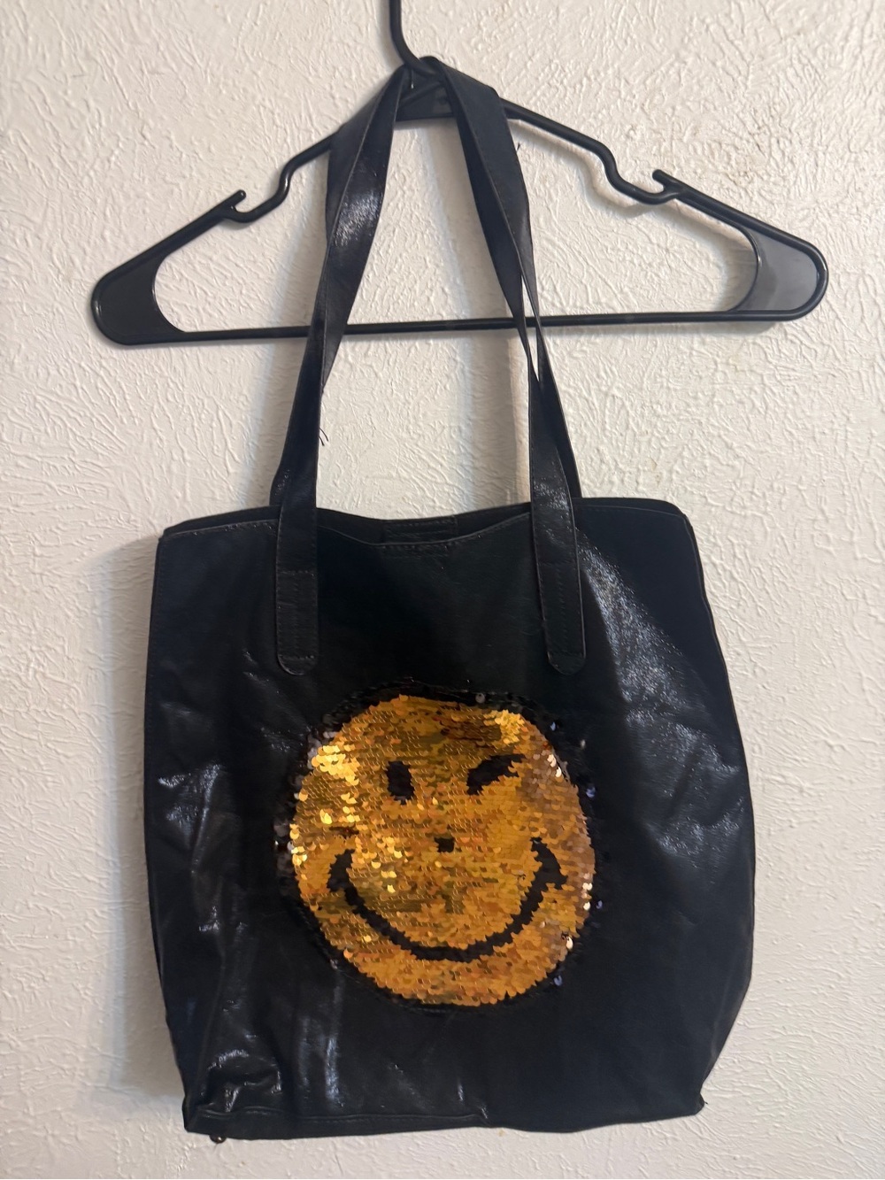 Olive Miller Black Tote Bag with Gold Sequin Reversible Smiley and Peace Sign